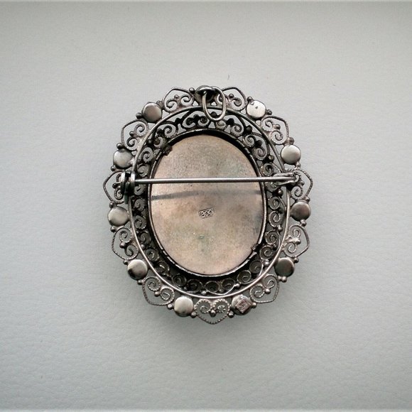 Antique 800 Silver Faux Turquoise Lady Cameo Style Filigree Brooch Pin Pendant - Picture 3 of 3